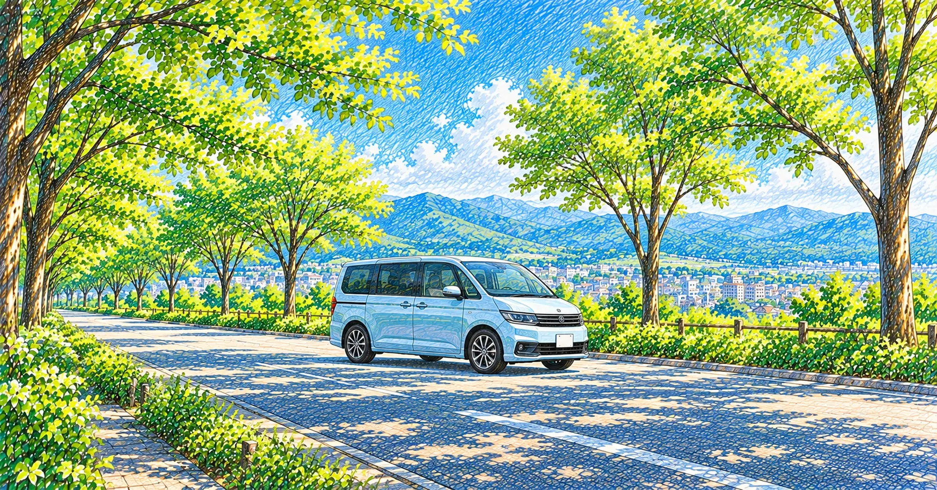 並木道に停まるステーションワゴンのイラスト