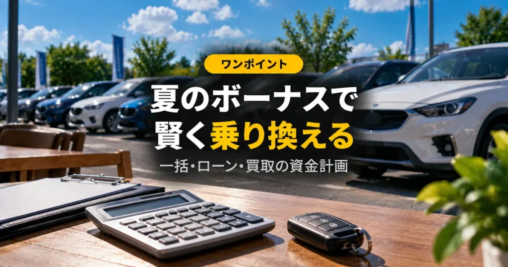 中古車展示場を背景にした電卓と車のキー