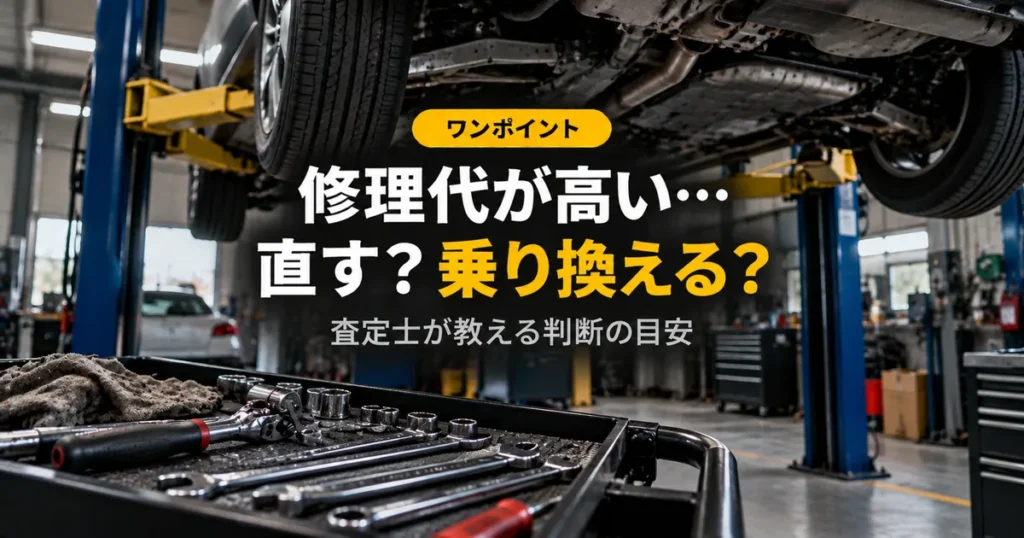 整備工場のリフトに上がった車と工具