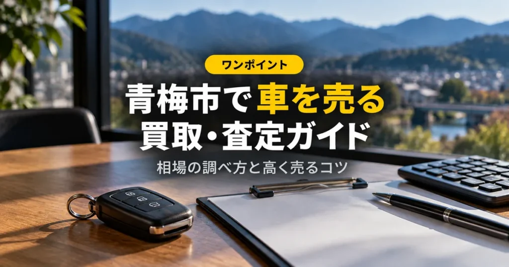 机の上の車のキーと査定用クリップボード、窓の外の山並み