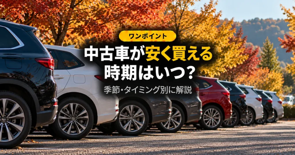 紅葉を背景にした中古車展示場の車列