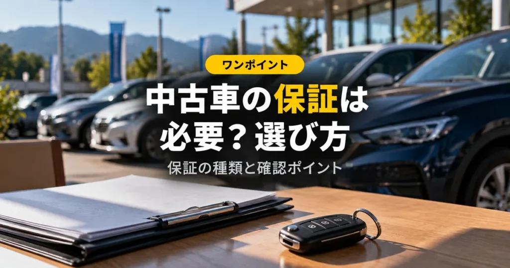 中古車の展示場を背景にした書類ファイルと車のキー