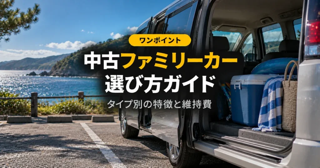 海辺の駐車場でスライドドアを開けたミニバン